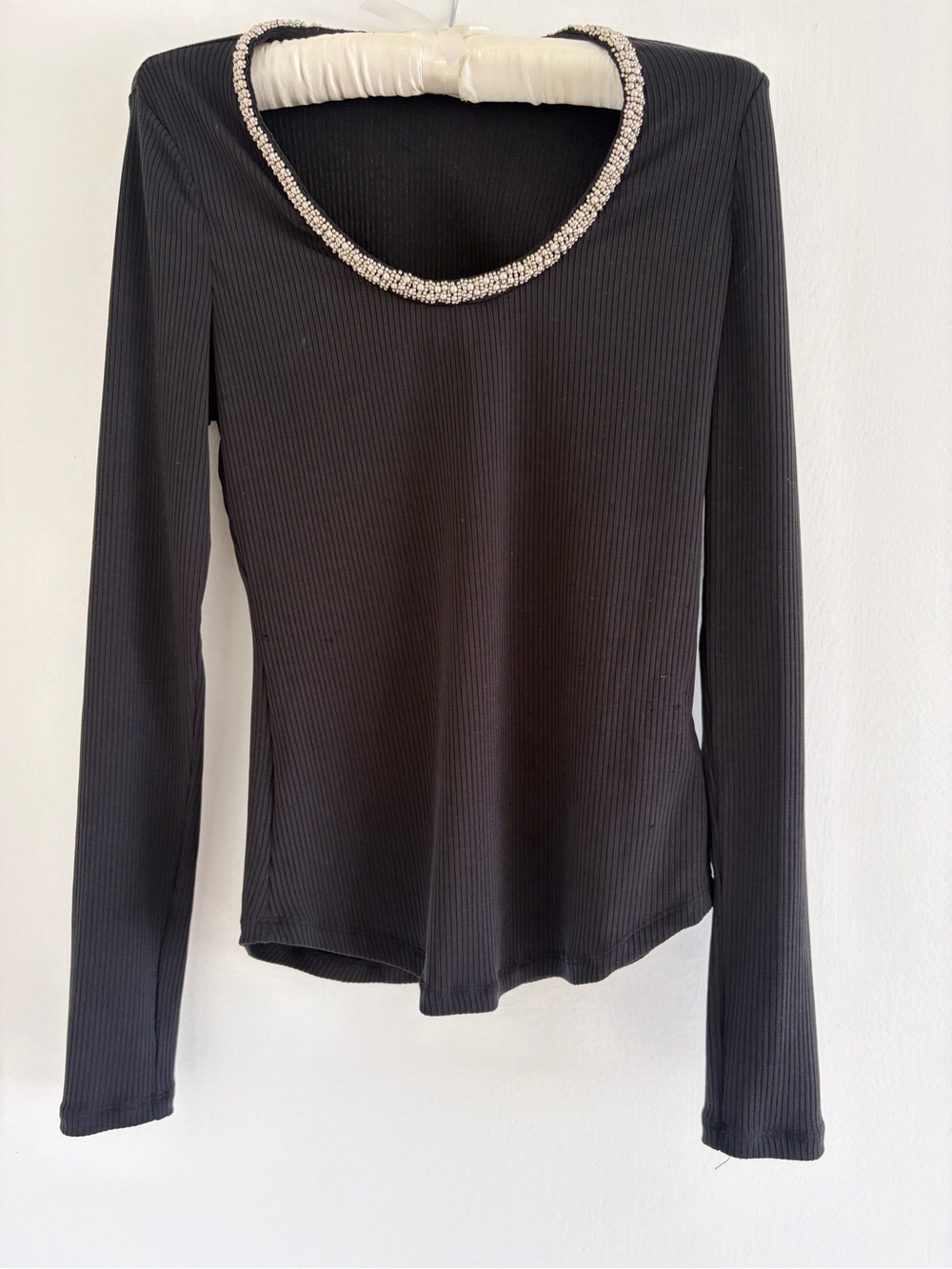 Black Ribbed Long-Sleeve Top with Rhinestone Scoop Neck